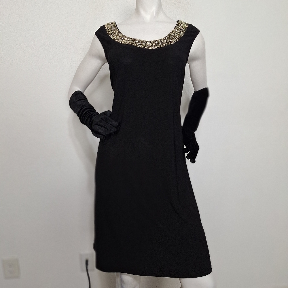 R&M Richards Elegant Glam Black Bead Embellished Neckline Cocktail Dress Size 12